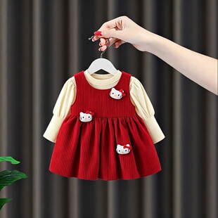 女童连衣裙春秋装女宝宝礼服生日红色背心裙套装长袖打底衣两件套