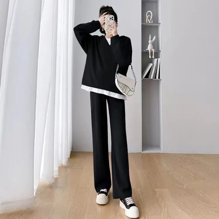 봄과 가을 인터넷 연예인 출산복 순면 양복 후드 티셔츠 긴팔 출산복 핫맘을 위한 배꼽 지지 바지 외출
