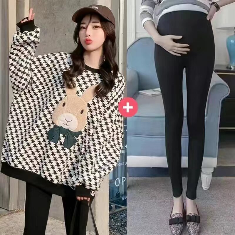 순면 임부복 가을 겨울 한국식 패션 천섬 무늬 대형 스웨트 재킷 중간길이 탑 + 배 지지팬츠