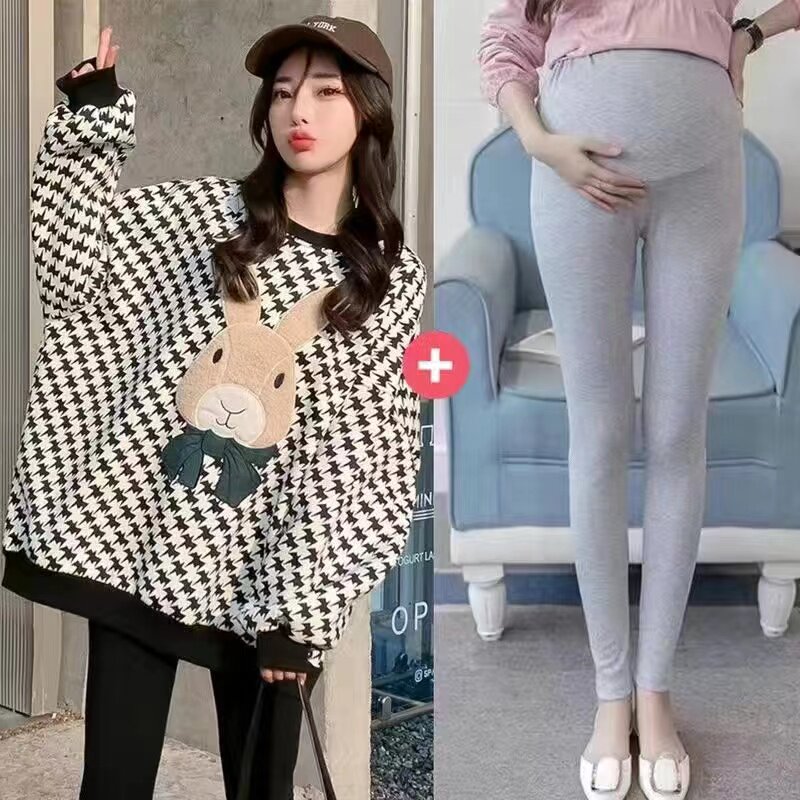 순면 임부복 가을 겨울 한국식 패션 천섬 무늬 대형 스웨트 재킷 중간길이 탑 + 배 지지팬츠