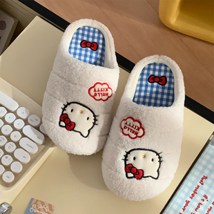 棉拖鞋 防滑居家冬季 撞色格子休闲新款 HelloKitty猫毛毛鞋 女士 正版