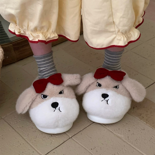 居家室内防滑保暖女士少女心棉拖鞋 毛毛月子鞋 蝴蝶结小狗冬季 个性