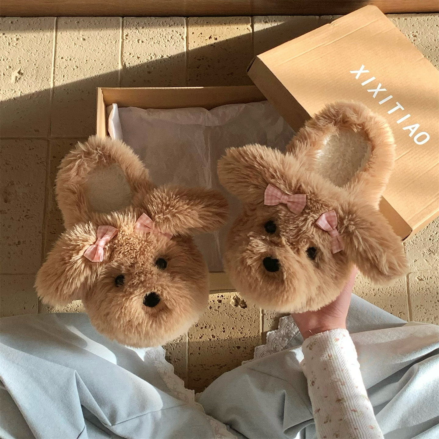 细细条格子蝴蝶结小狗毛毛鞋