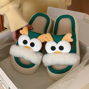 趣味大眼睛小青龙防滑室内亚麻拖鞋女厚底四季通用舒适百搭地板鞋