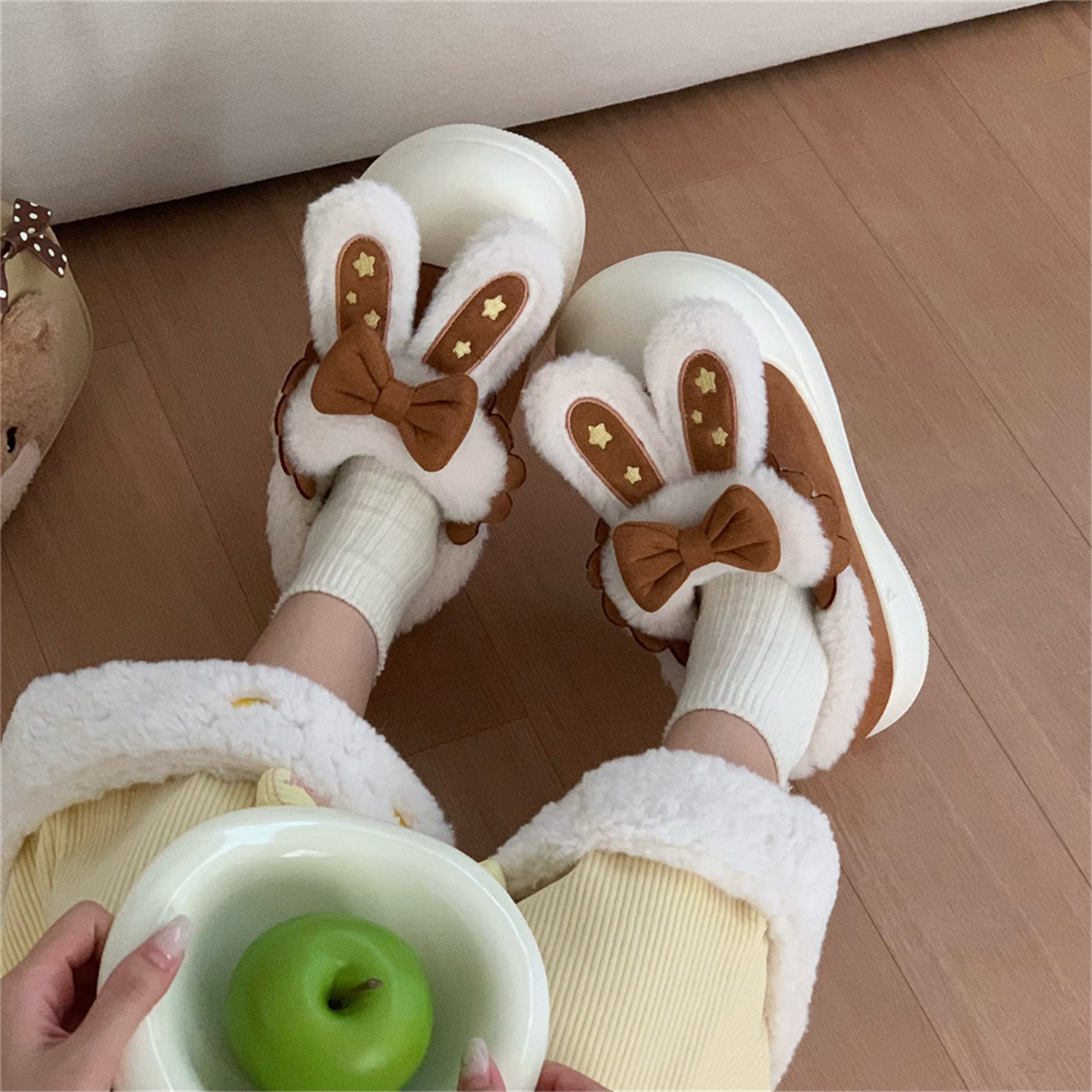 细细条蝴蝶结星星兔耳加绒棉鞋