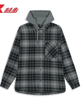 特步格子衬衫外套男2025冬季新款保暖时尚连帽外套9754292A0498