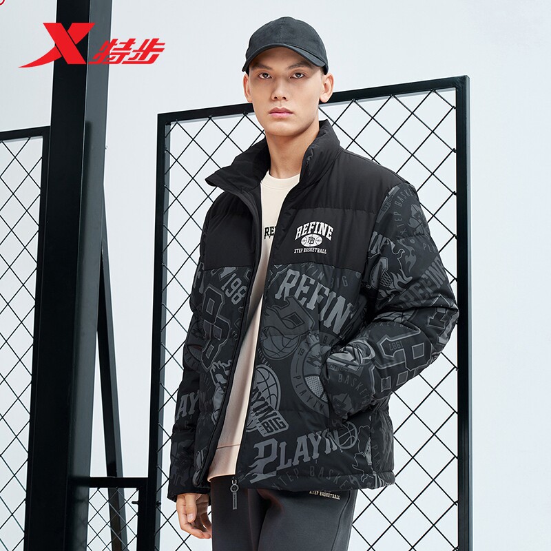 特步保暖立领男满印羽绒服