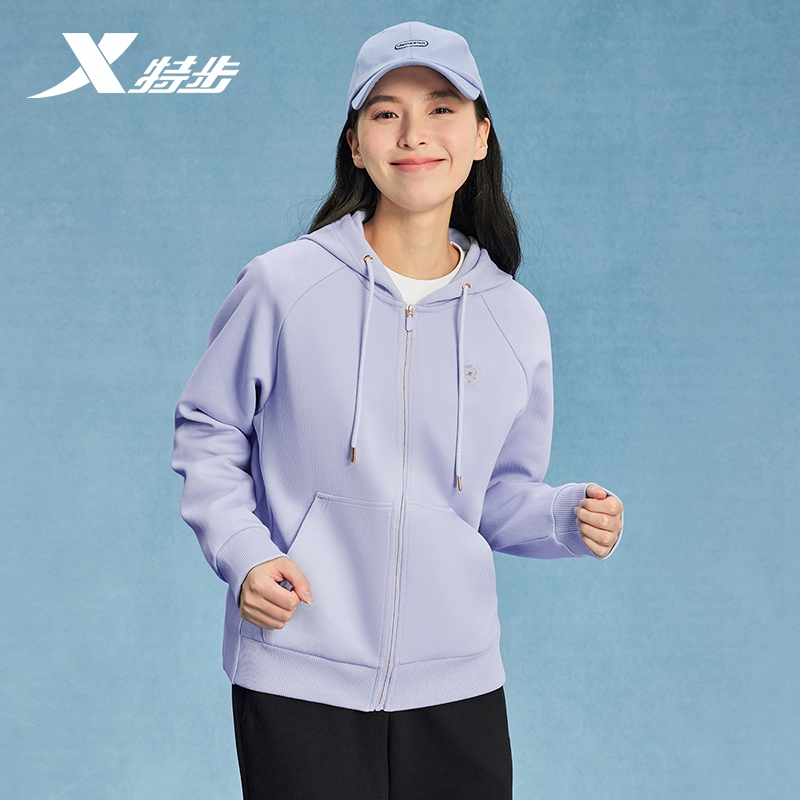 特步女连帽外套秋季新款休闲运动针织开衫上衣976128940285