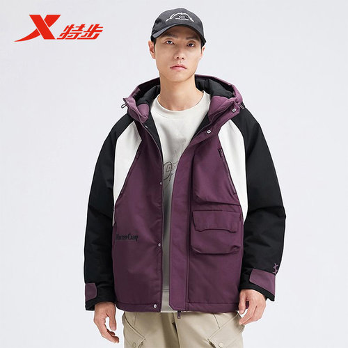 特步厚棉服男2024冬季新款加厚保暖防风连帽棉衣外套976429180479