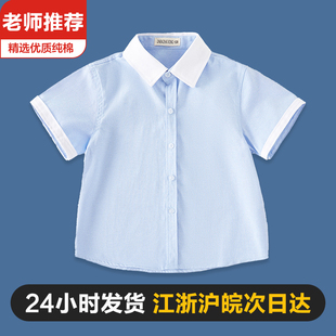 中大童小学生表演出校服 纯棉儿童蓝色衬衣女孩夏季 女童短袖 白衬衫