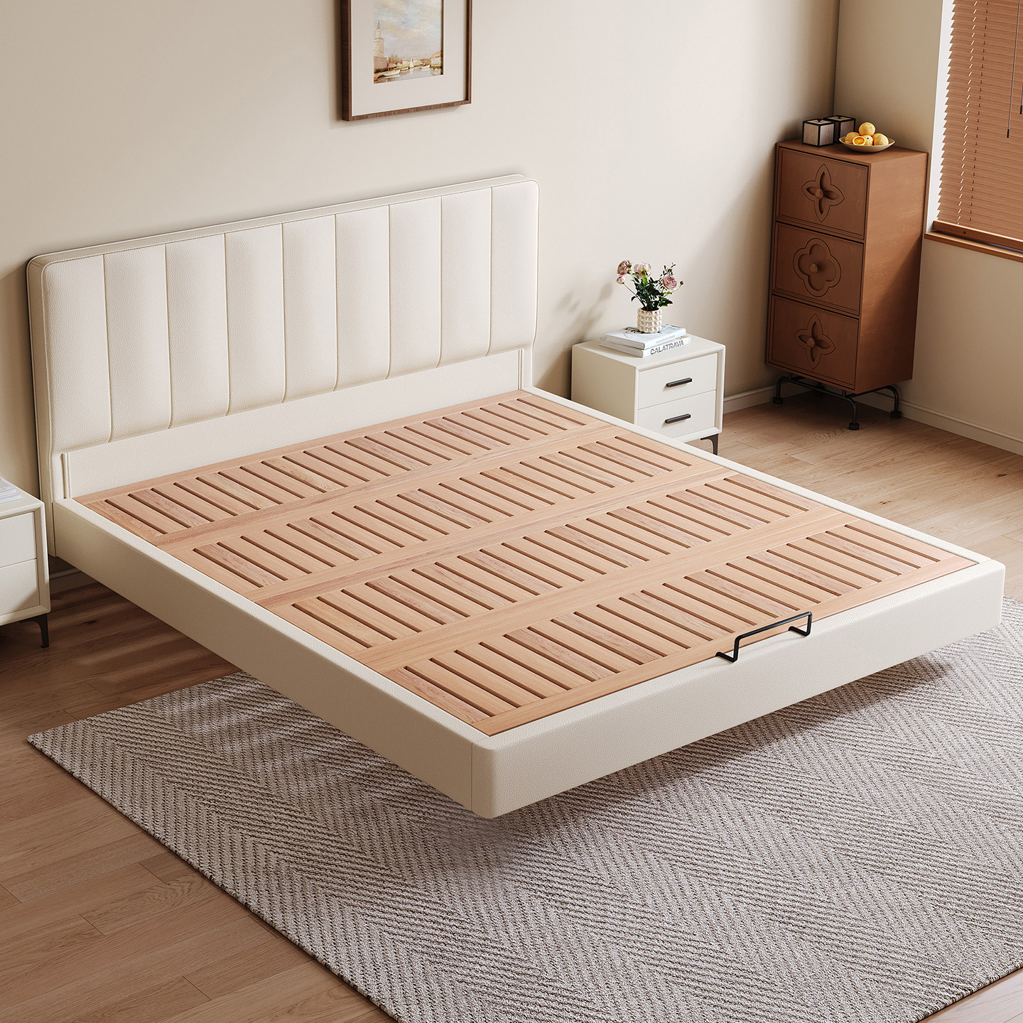 小户型薄床头床满铺榉木悬浮床现代奶油风静音双人床可定制尺寸