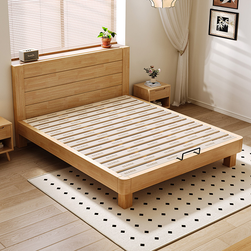 全实木薄床头齐边床小户型原木风卧室静音双人床可定制尺寸