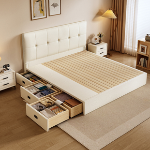 全实木薄床头侧开三抽储物床小户型主卧大抽屉落地床可定制尺寸