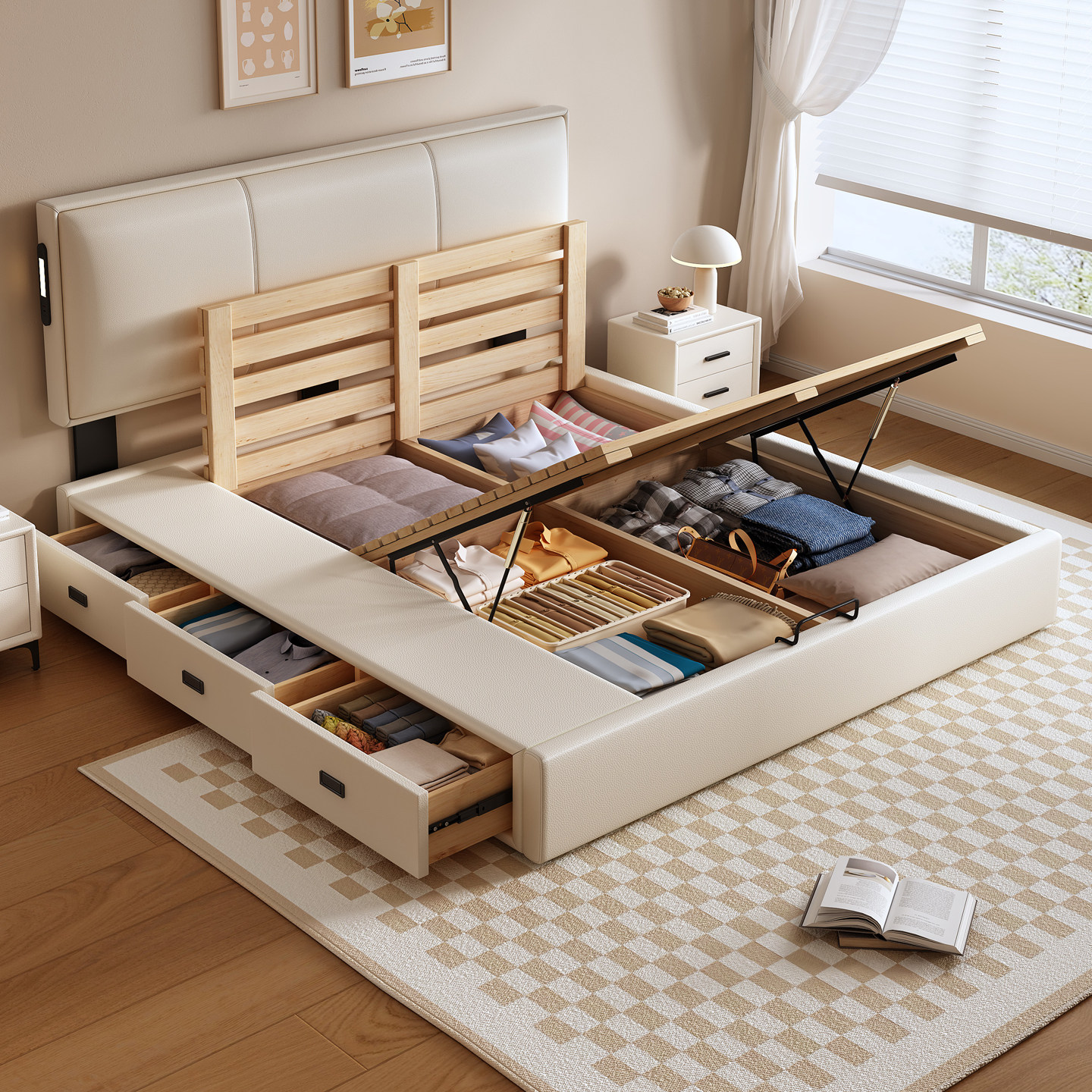 奶油风薄床头饼干箱体床小户型双人床三抽储物落地床可定制尺寸