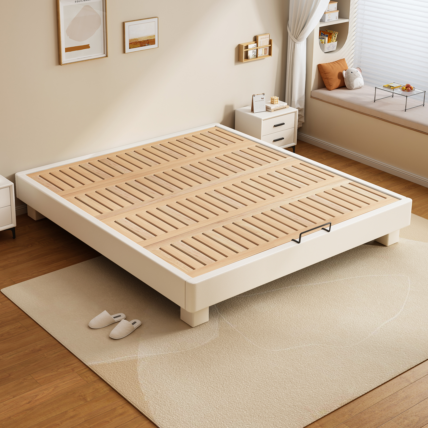 全实木榉木无床头双人静音齐边床