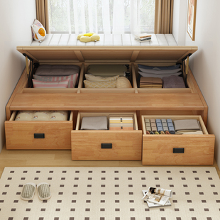 无床头榻榻米抽屉储物床小户型侧压三抽收纳床主卧1.5m静音双人床