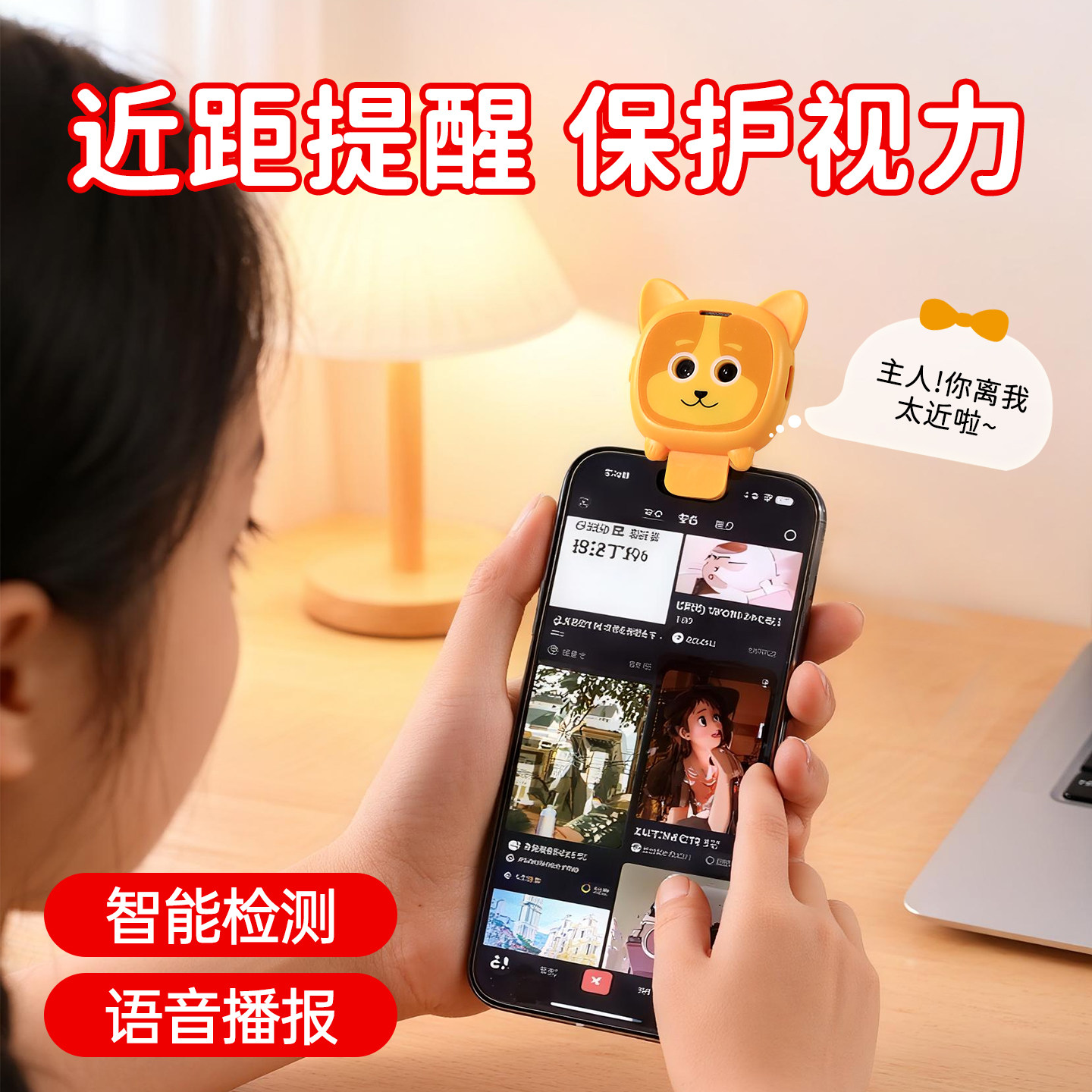 儿童视力保护提醒器近距离语音播报可爱猫咪造型手机通用学生党护眼神器学习专用防趴桌写字姿势坐姿纠正神器