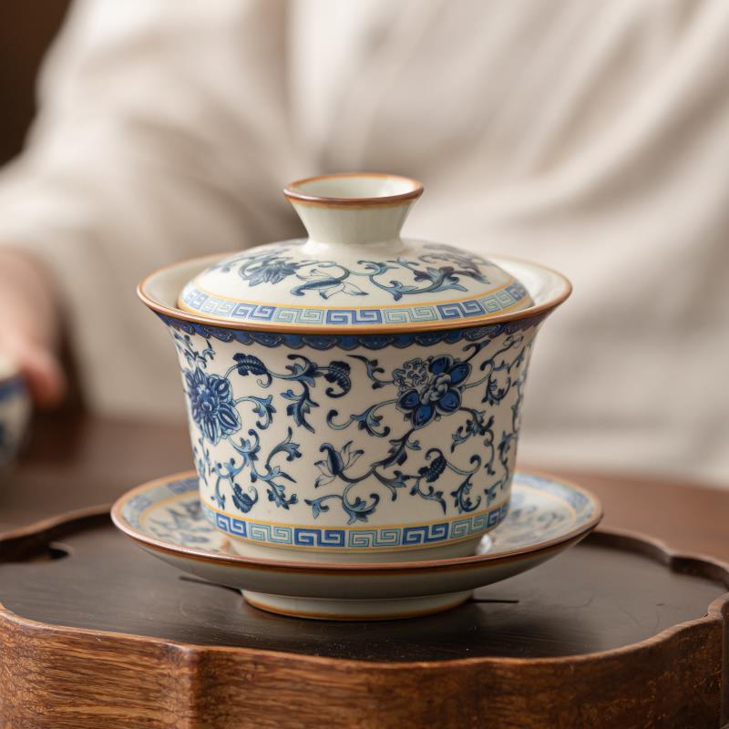 汝窑青花三才盖碗茶杯套