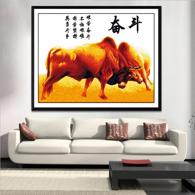 亚马逊新款十字绣艰苦奋斗 客厅书房黄牛图案装饰画diy材料包,特色手工艺,刺绣,淘宝优惠券,粉丝福利购,淘宝优惠卷
