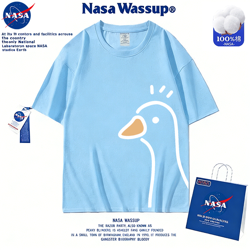NASA WASSUP蓝色鸭子印花短袖T恤男女童装宽松圆领休闲亲子装纯棉
