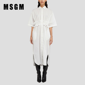 MSGM早春女士白色纯棉收腰衬衫长裙气质连衣裙