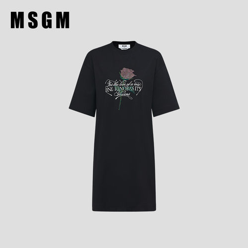 MSGM早春新款女士水钻玫瑰字母印花短袖T恤连衣裙