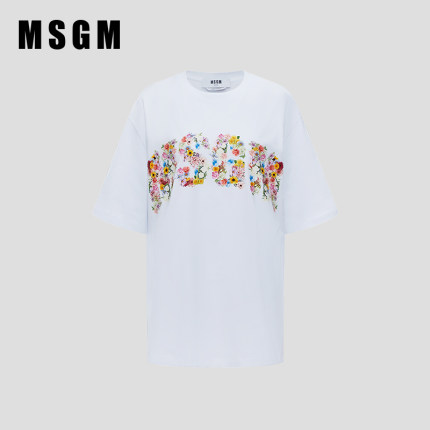 MSGM早春女士花卉标志logo印花纯棉美式短袖T恤上衣白色显瘦遮肉