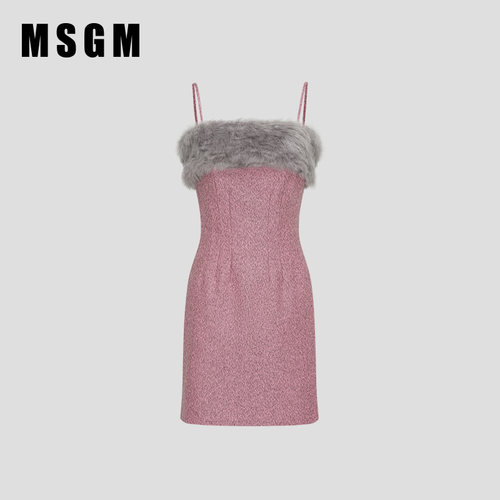 MSGM早秋新款女士名媛风高级感气质毛毛拼接吊带连衣裙