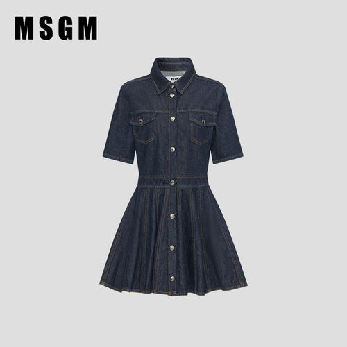 MSGM早秋新款女士收腰纯棉荷叶边短袖牛仔连衣裙衬衫领
