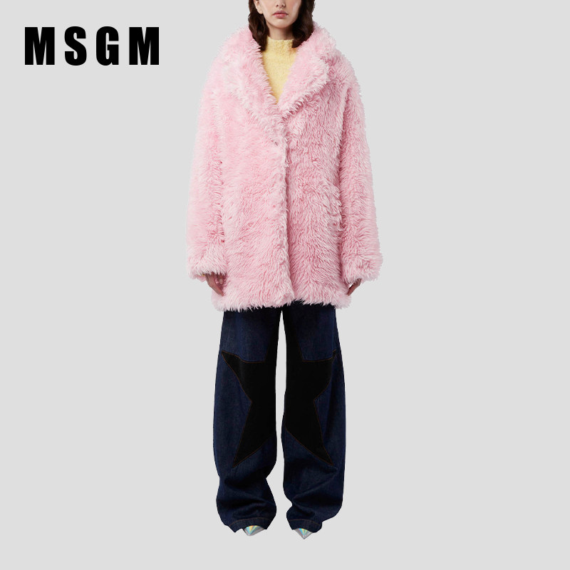 MSGM冬款女士仿皮草外套大衣粉色毛绒大码女装粉红色战袍
