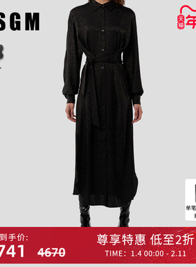 MSGM女士字母印花长款收腰黑色衬衫式连衣裙长裙秋季长袖显瘦显高