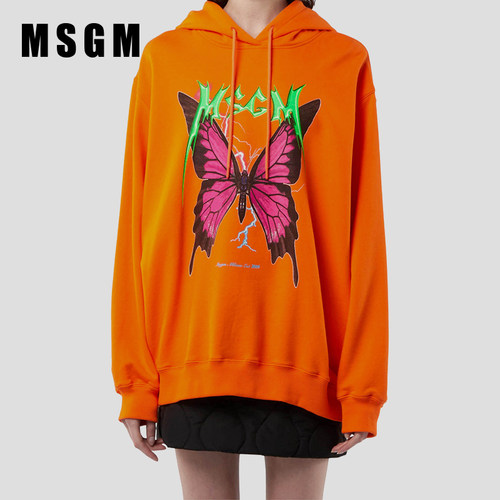 MSGM女士蝴蝶印花纯棉连帽卫衣