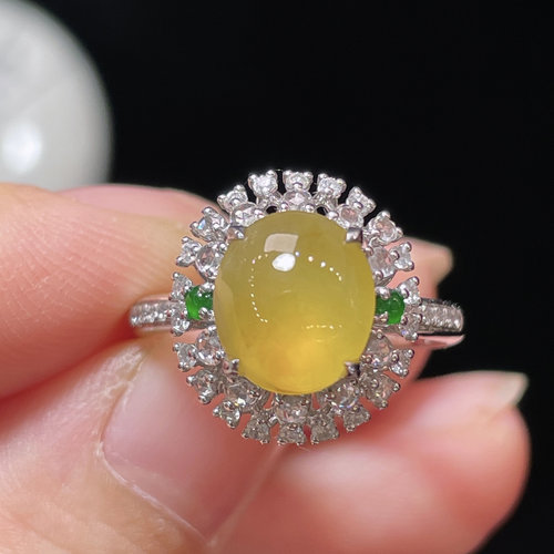 翠秦之皇冰黄翡翠蛋面戒指 18k金镶嵌天然翡翠A货种色兼备气质