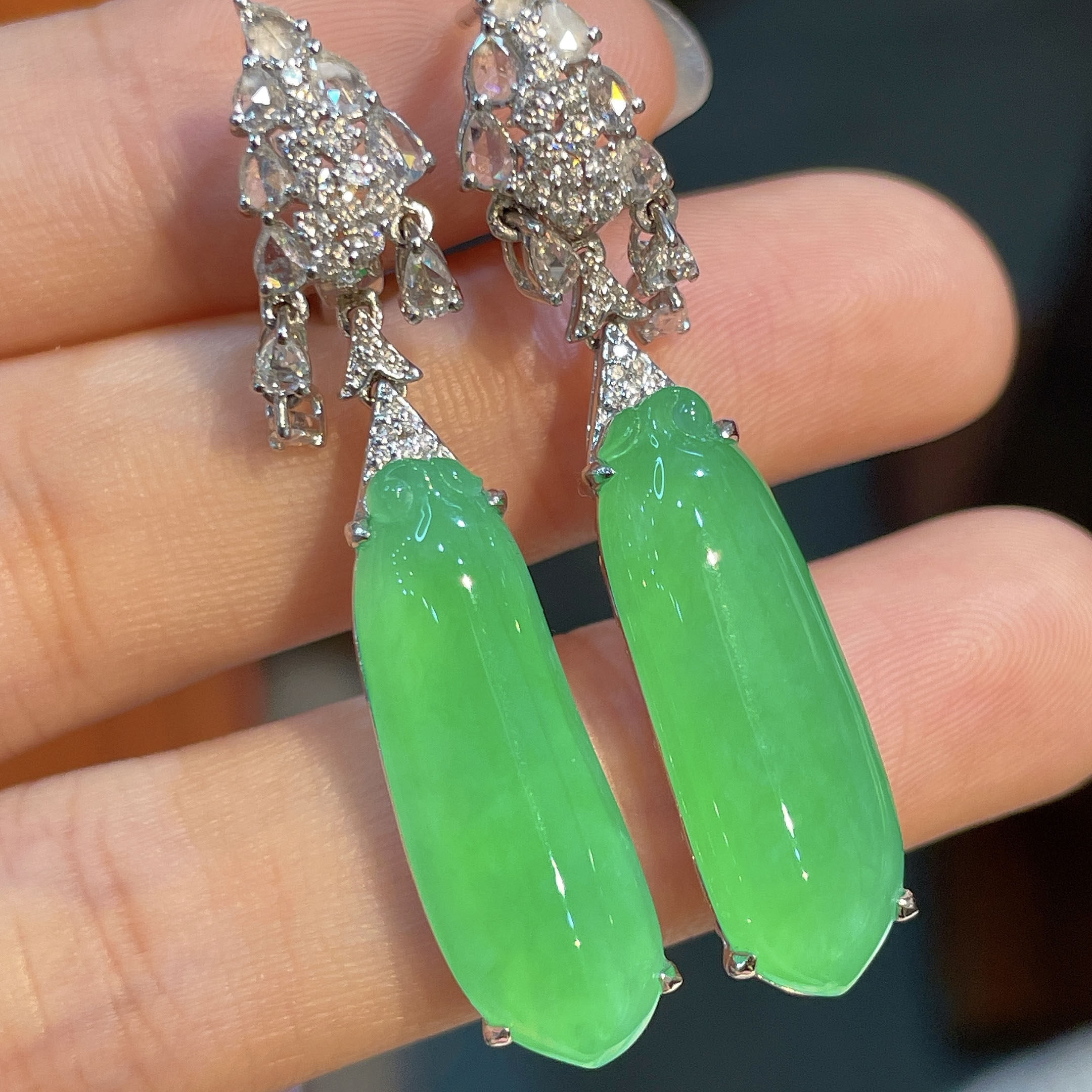 翠秦之皇冰阳绿福瓜耳坠 18k金钻石镶嵌天然A货翡翠饱满莹润冰透