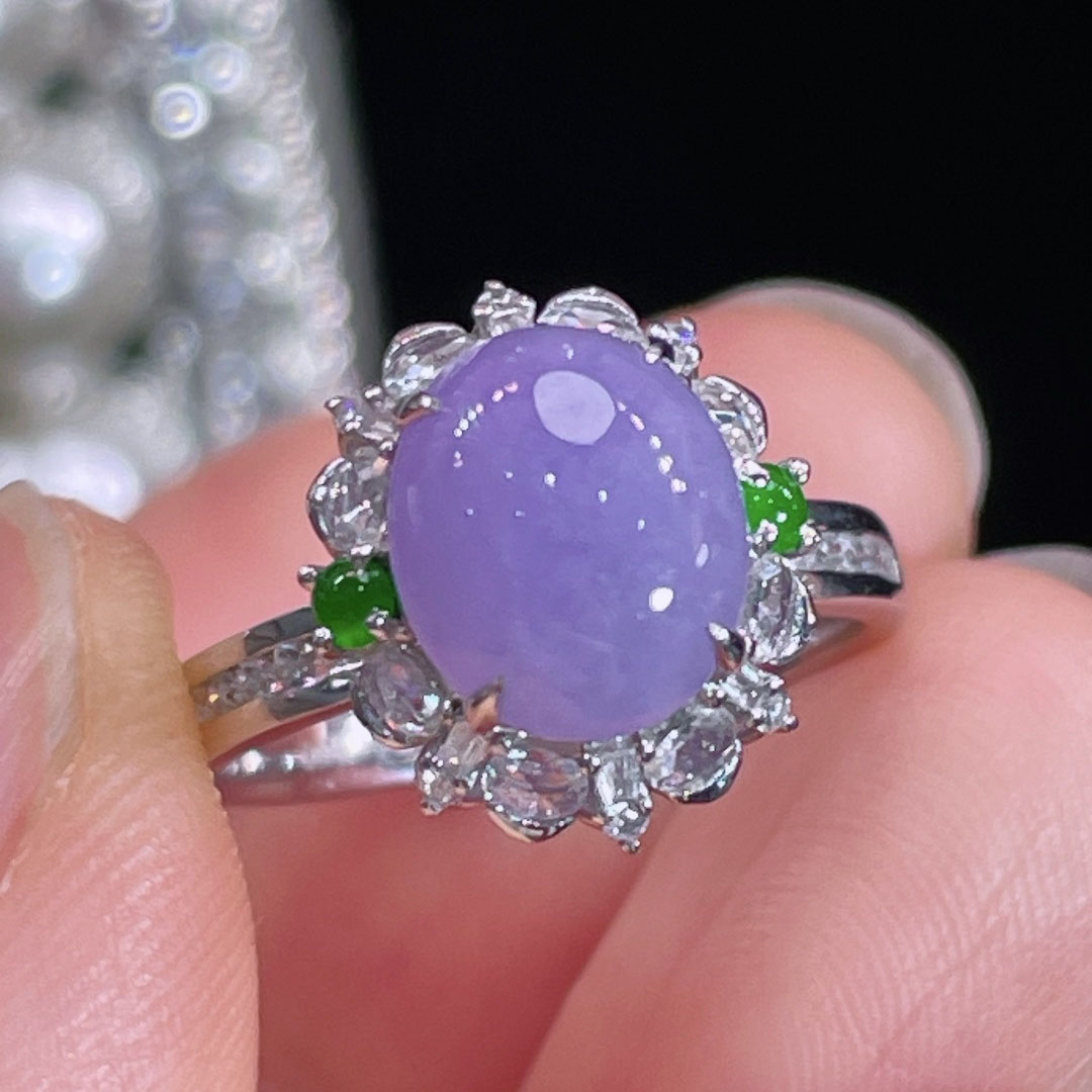 翠秦之皇冰紫罗兰蛋面戒指 18k金镶嵌天然翡翠A货高档礼物收藏