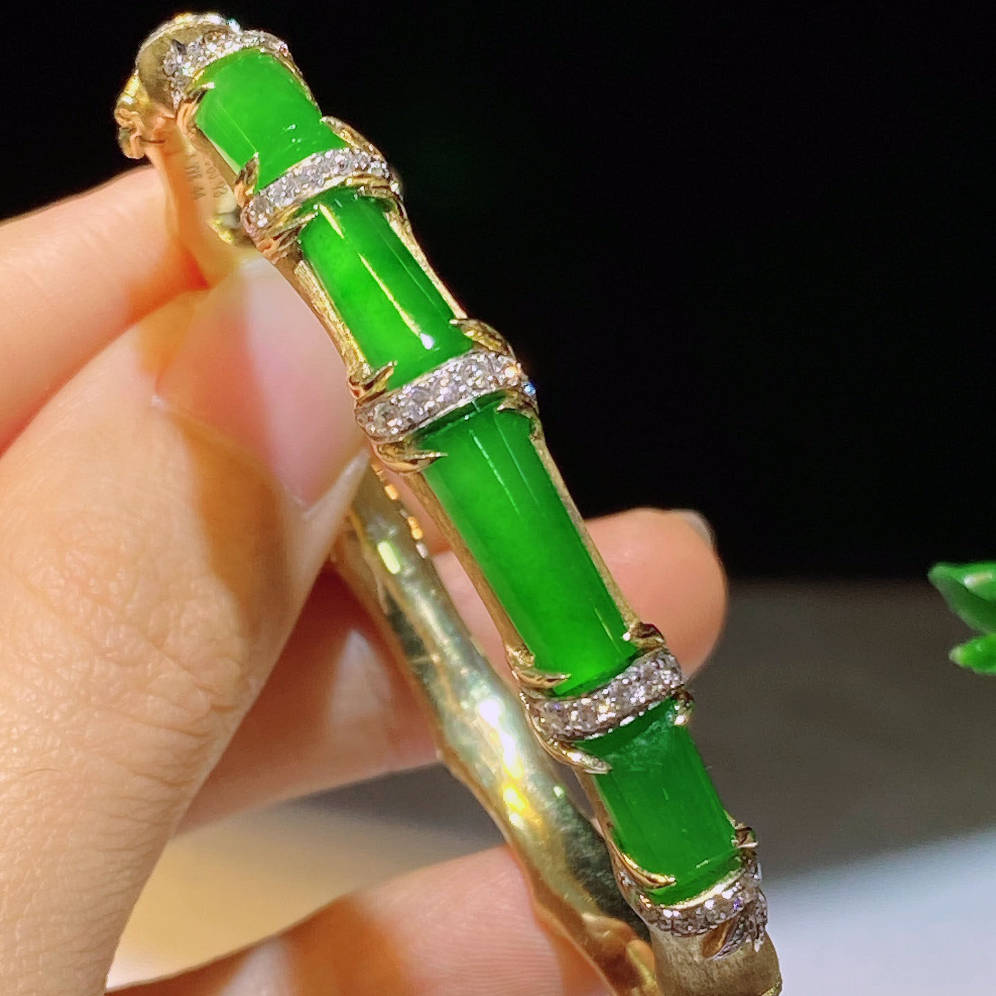 翠秦之皇阳绿竹节手镯 18k金镶嵌天然缅甸翡翠A货水润细腻种老
