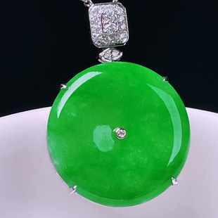 翠秦之皇冰辣绿平安扣吊坠 18k金钻石镶嵌天然A货翡翠饱满莹润