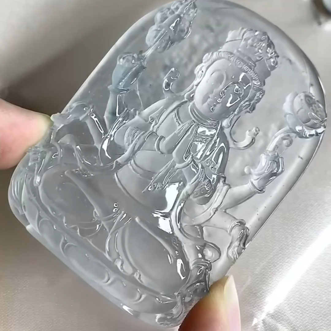 翠秦之皇玻璃种木那千手观音牌吊坠 玉石老坑种天然翡翠A货