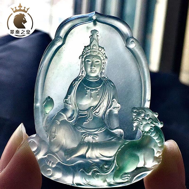 翠秦之皇高冰观音牌吊坠 飘花灵动 缅甸玉石天然翡翠A货冰透细腻