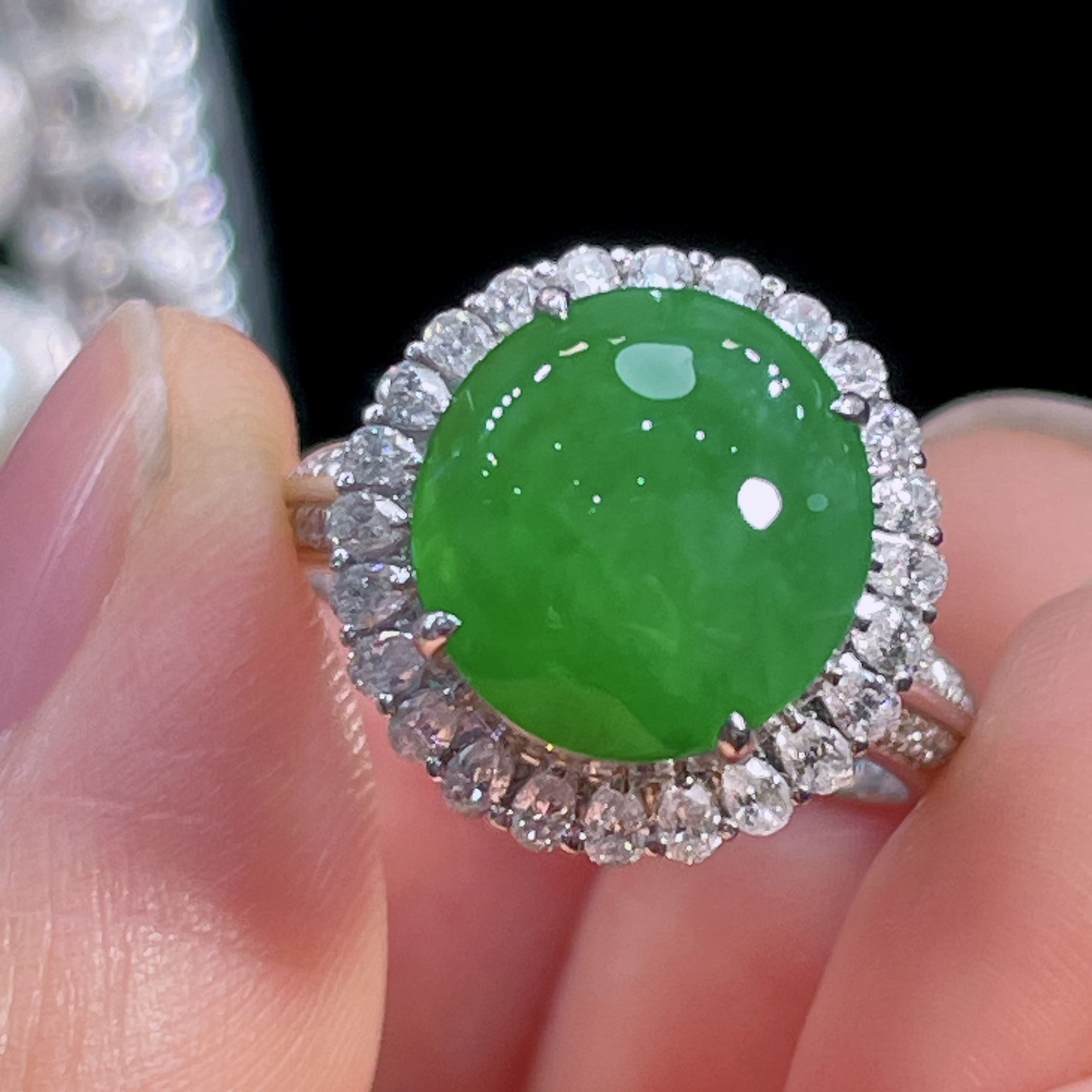 翠秦之皇冰阳绿蛋面戒指 18k金镶嵌天然翡翠A货高档礼物收藏