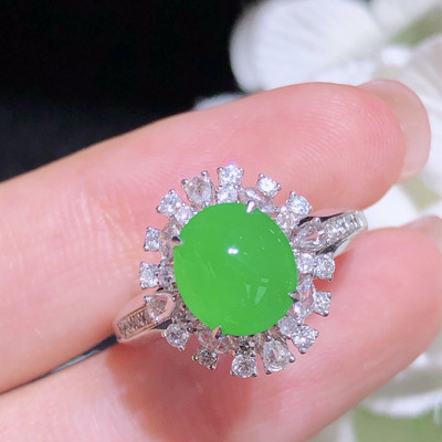 翠秦之皇冰阳绿蛋面戒指 18k金镶嵌天然缅甸A货翡翠饱满大气起光