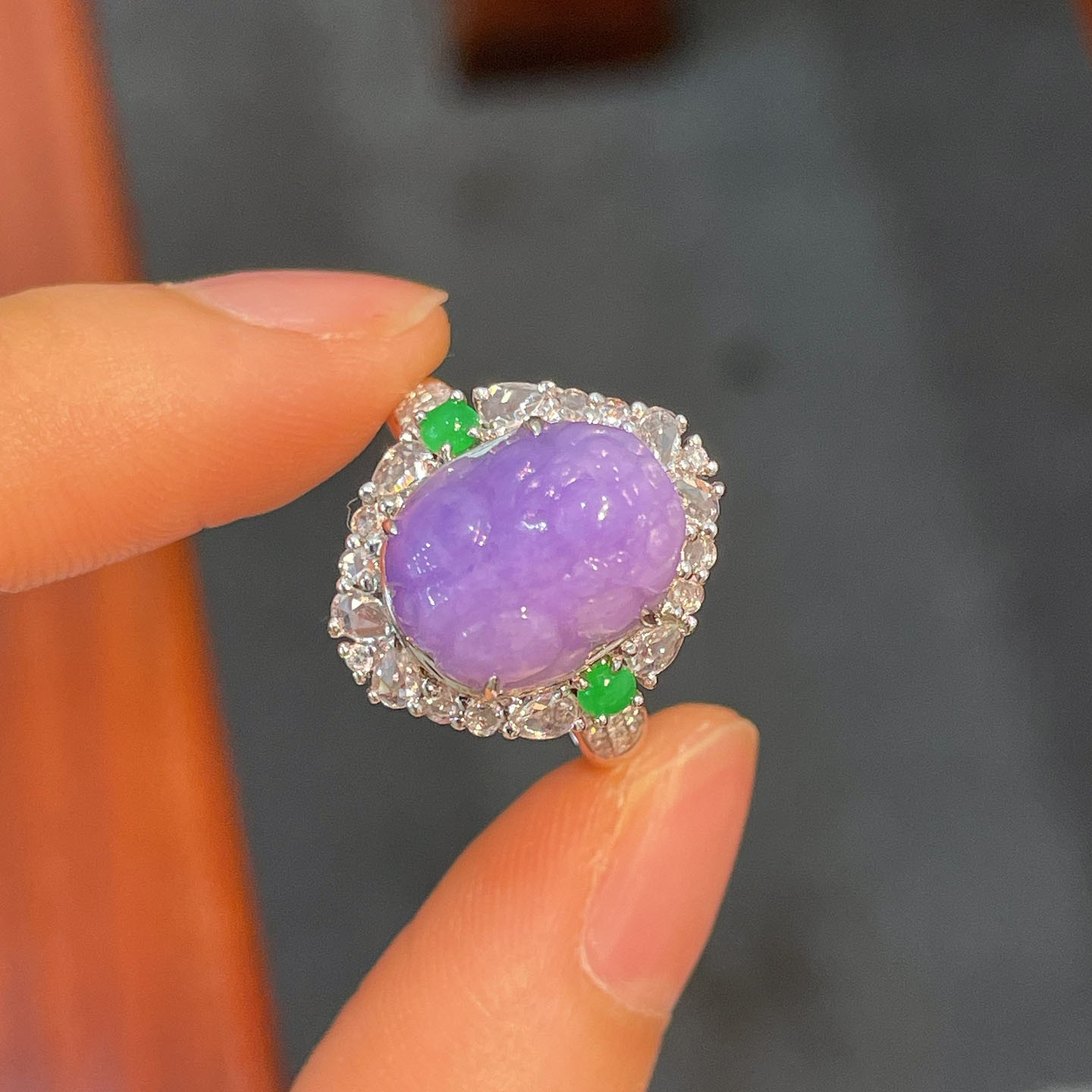 翠秦之皇冰紫罗兰貔貅戒指 18k金镶嵌天然翡翠A货高档礼物收藏