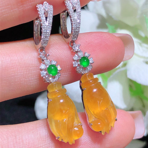 翠秦之皇冰蜜糖黄翡翠掌上明珠耳坠 18k金镶嵌天然翡翠A货