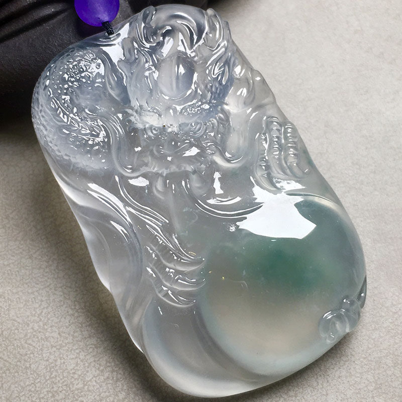 翠秦之皇玻璃起荧光飘花龙牌吊坠 天然翡翠A货缅甸玉石冰透水润