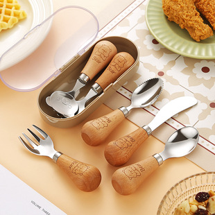 小熊木柄可立创意叉勺便携餐具儿童勺子叉子可爱宝宝饭勺