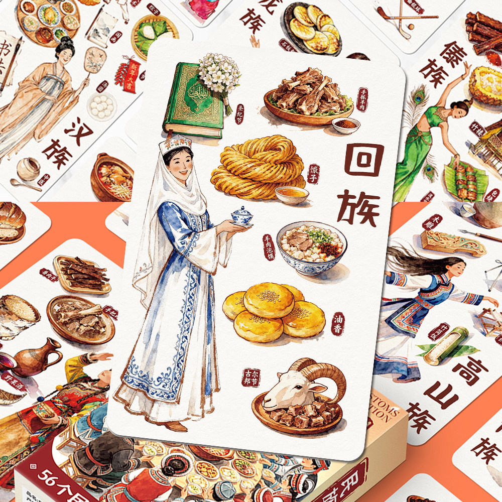 110张民族文化小卡民族风情特色服饰美食创意明信片卡片盒装防水