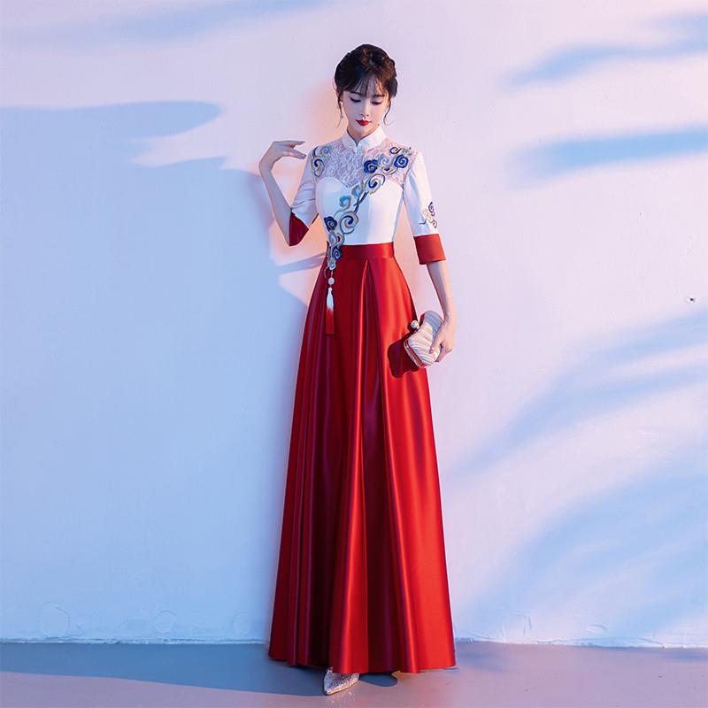 韩式红色中式旗袍晚礼服合唱团演出服长裙成人走秀女风指挥大迎宾
