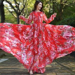 长裙女夏新款 沙滩裙海边度假 长袖 雪纺超仙超长连衣裙宽松长款