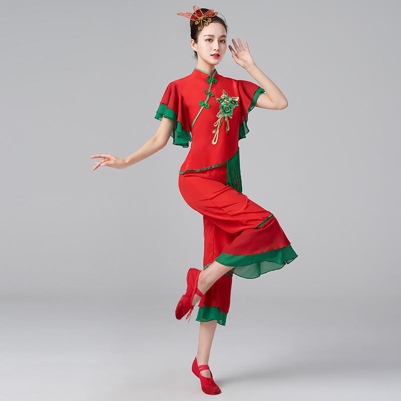 2025春夏新款秧歌舞蹈服女短袖红色喜庆开门红演出服中国风打鼓服