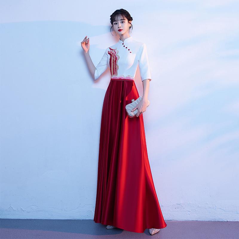 韩式旗袍大红色比赛长裙女新中式民歌演出服晚礼服合唱团指挥独唱